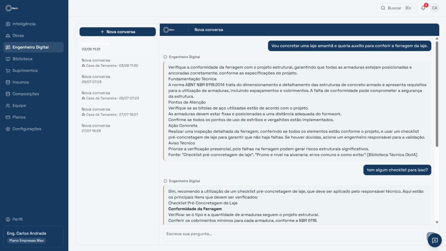 Chat do Engenheiro Digital respondendo sobre conferência de ferragem de laje, citando a ABNT NBR 6118 e a fonte na Biblioteca Técnica